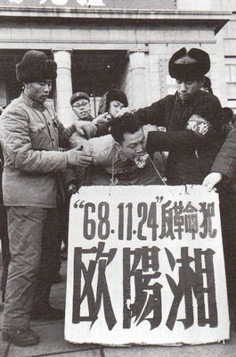 Tòa án: Trong tháng 11 năm 1968, con trai của một cựu bí thư Đảng ở Cáp Nhĩ Tân bị lên án công khai là đã bảo vệ cha mình trong một bức thư nặc danh. Người ta treo tấm bảng "Tên phản cách mạng Ouyang Xiang" lên cổ anh ấy. Khi muốn tự vệ, anh ấy bị bịt miệng lại. Vài ngày sau đó anh ấy rơi xuống từ một cửa sổ –  được cho là đã tự tử. Ảnh: GEO Epoche 